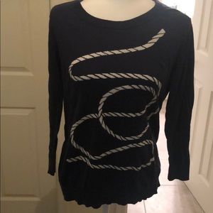3/4 length navy blue sweater with rope detail